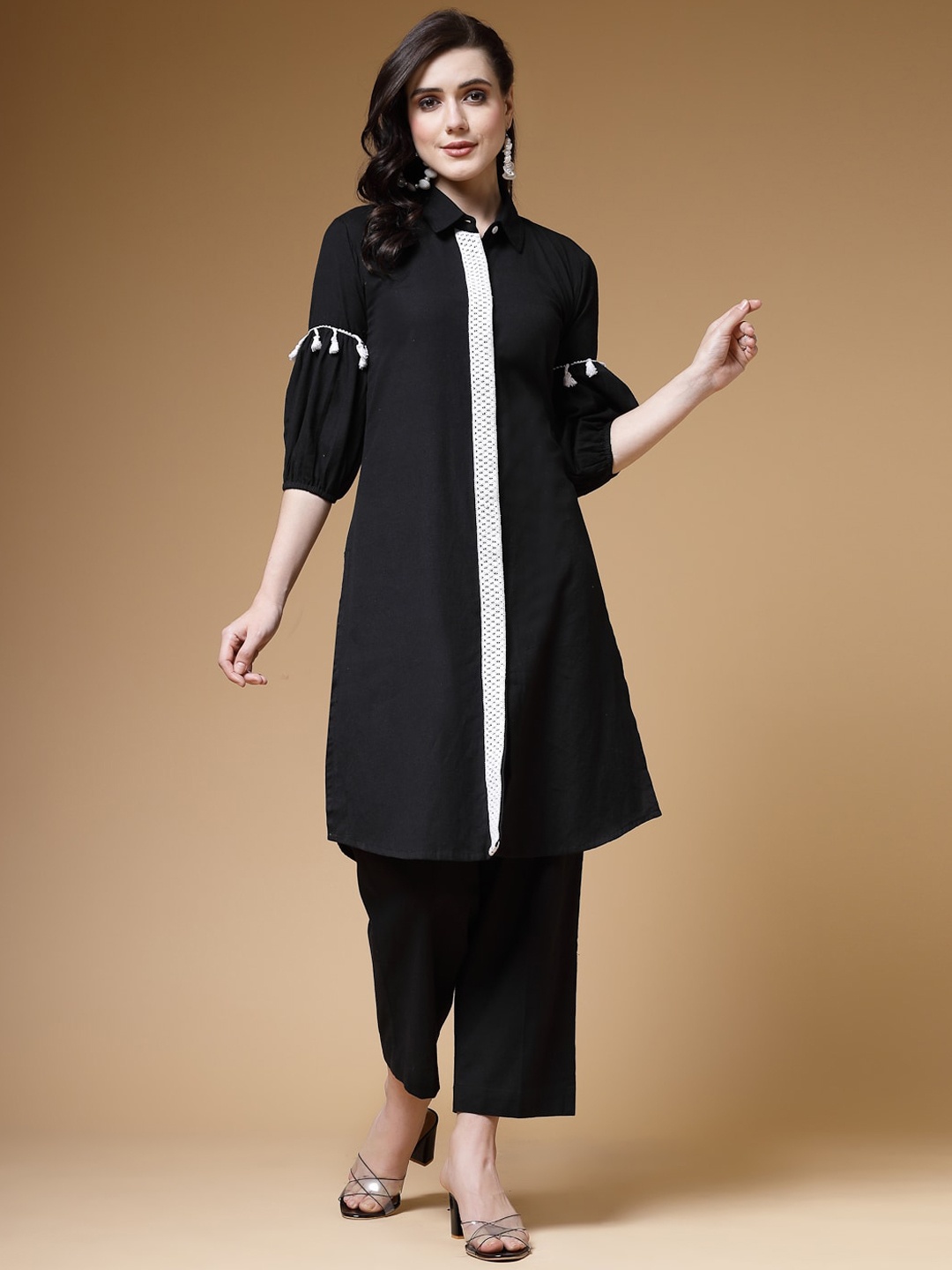 

Indibelle Shirt Collar Puff Sleeve Cotton Straight Kurta, Black