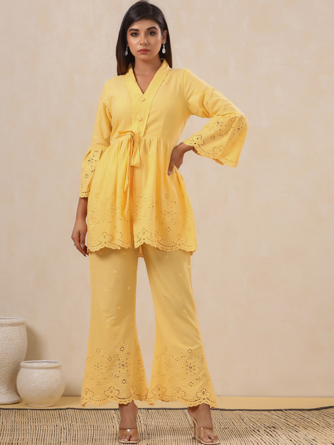 

Readiprint Fashions Embroidered Pure Cotton Top & Palazzo Co-Ord, Yellow