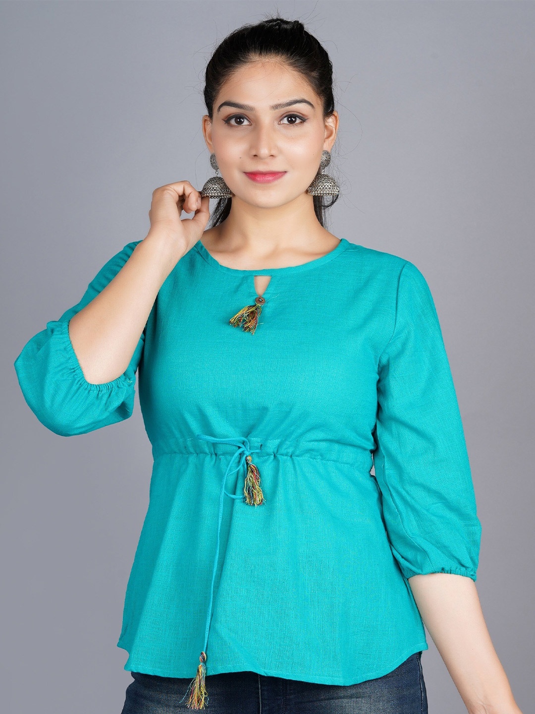 

BAESD Keyhole Neck Puffed Sleeves Tie-Ups Pure Cotton Cinched Waist Top, Turquoise blue