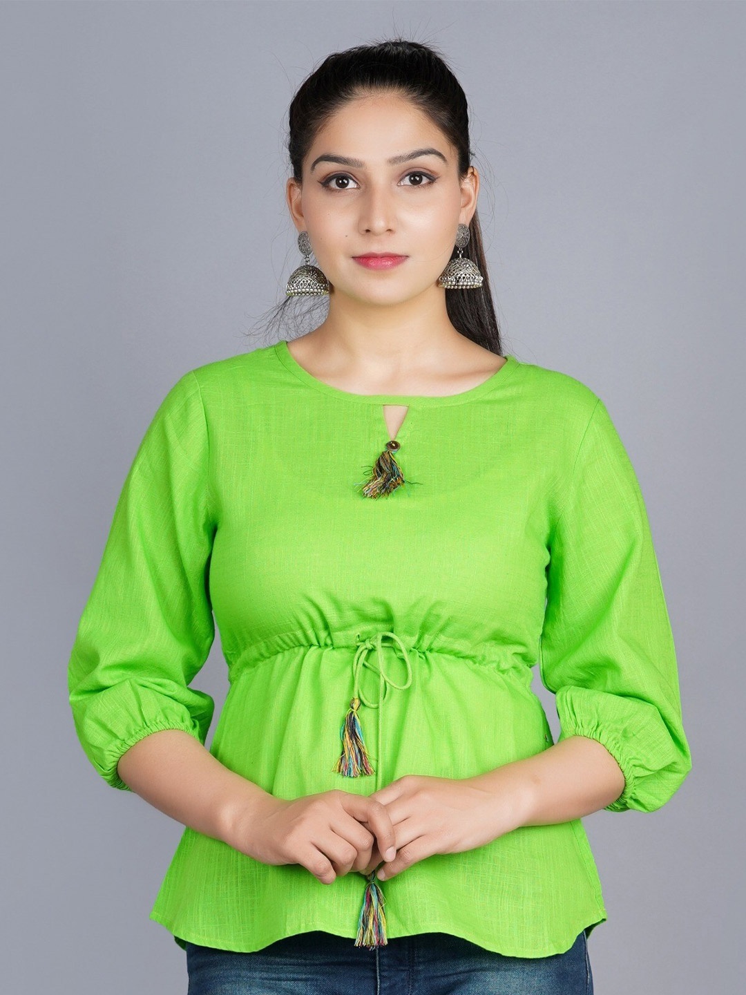 

BAESD Keyhole Neck Pure Cotton Cinched Waist Top, Green