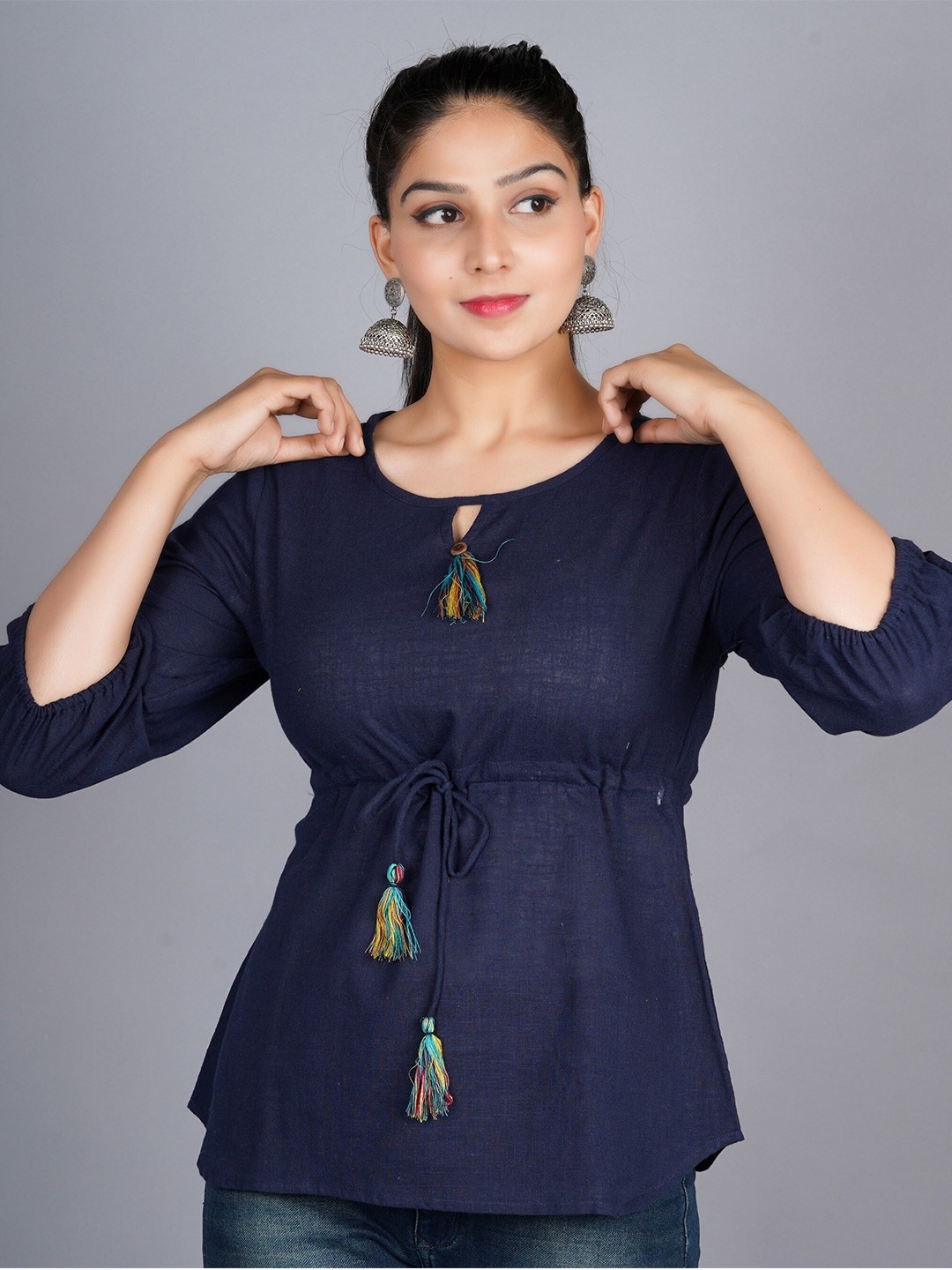 

BAESD Keyhole Neck Puffed Sleeves Tie-Ups Pure Cotton Cinched Waist Top, Navy blue