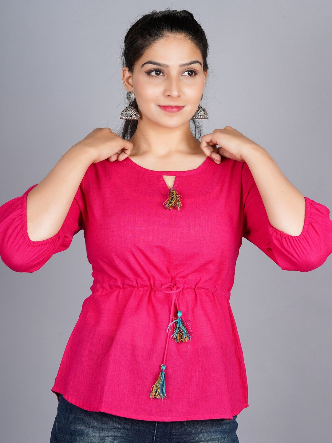

BAESD Keyhole Neck Puffed Sleeves Tie-Ups Pure Cotton Cinched Waist Top, Pink