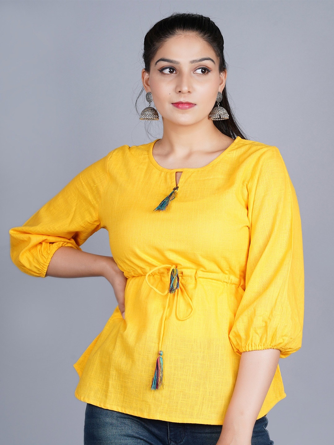 

BAESD Keyhole Neck Puffed Sleeves Tie-Ups Pure Cotton Cinched Waist Top, Yellow