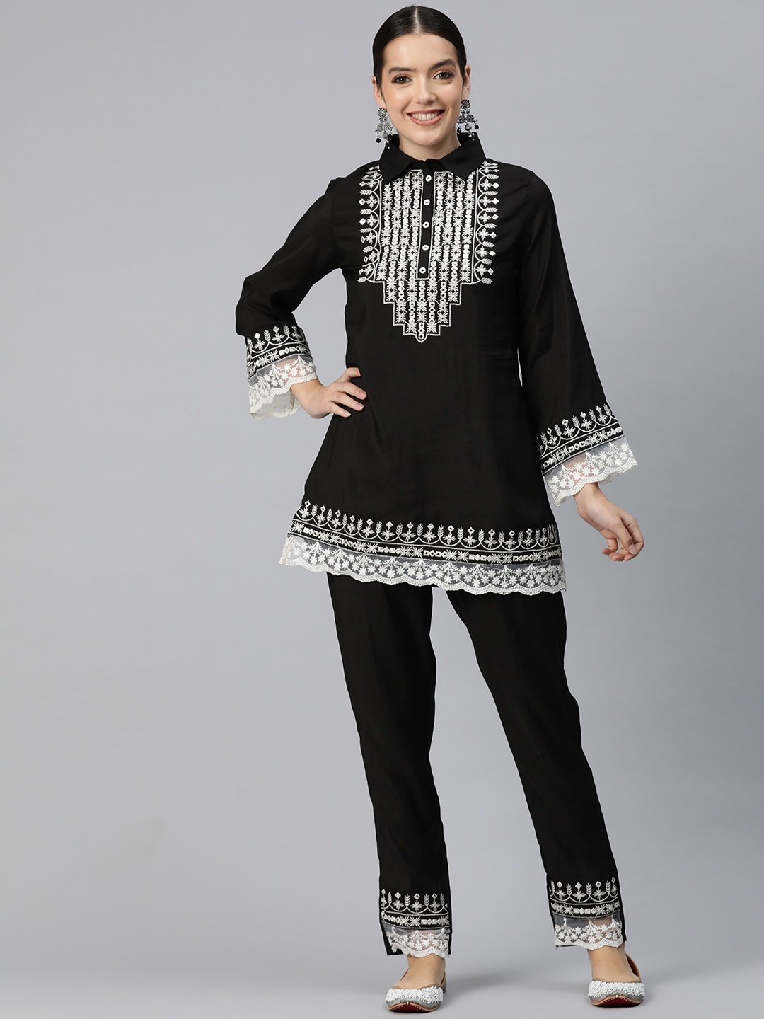 

Readiprint Fashions Women Embroidered Pure Silk Co-Ords, Black