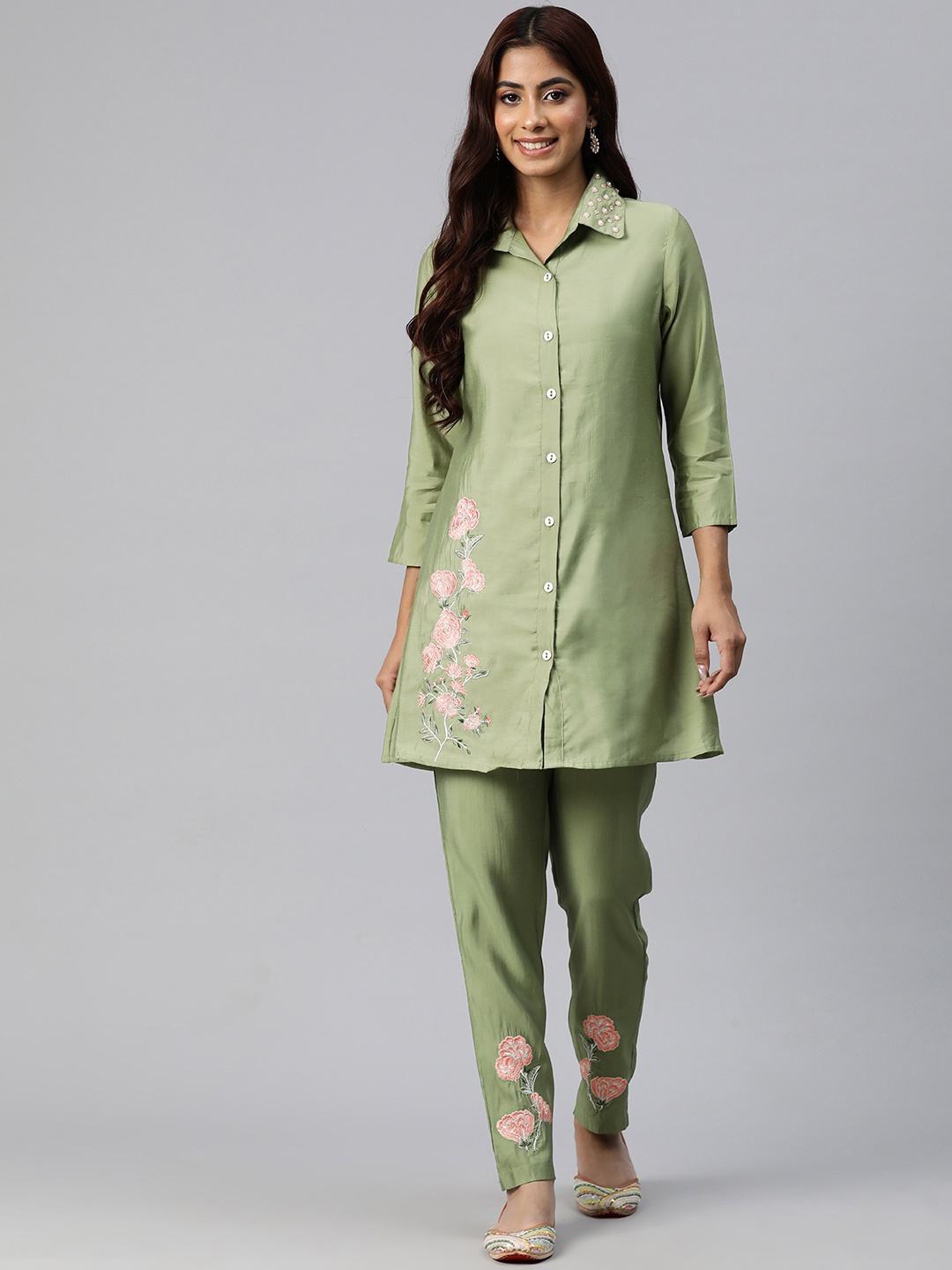 

Readiprint Women Embroidered Pure Silk Co-Ords, Green