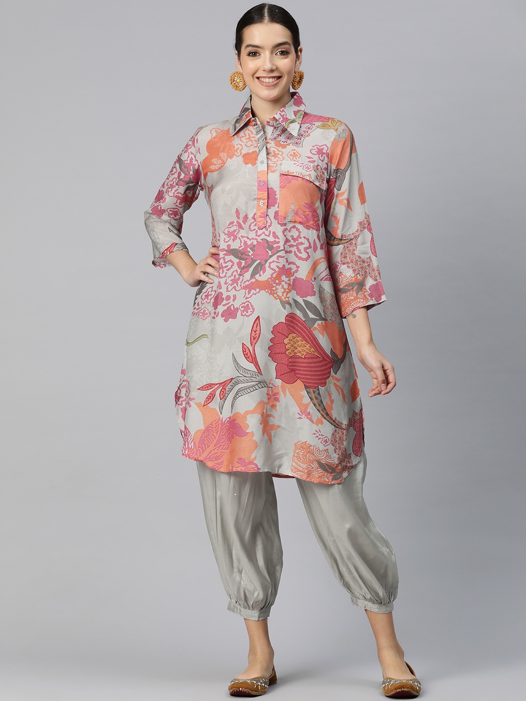 

Readiprint Fashions Floral Printed Regular Pure Silk Tunic with Salwar, Grey