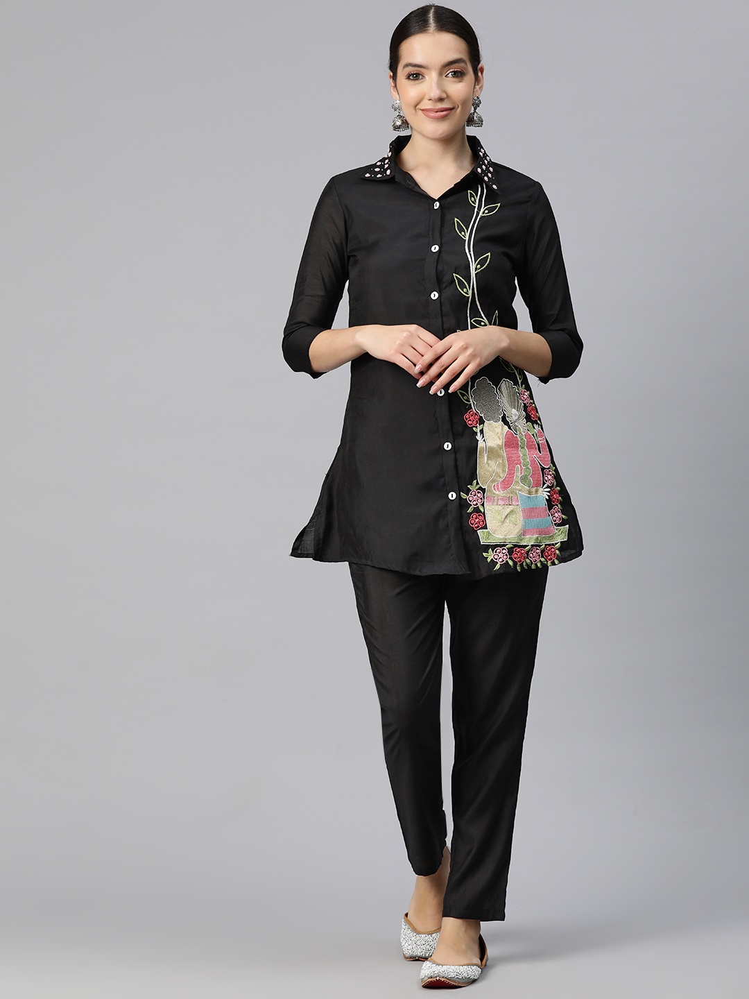 

Readiprint Women Embroidered Pure Silk Tunic with Trousers, Black