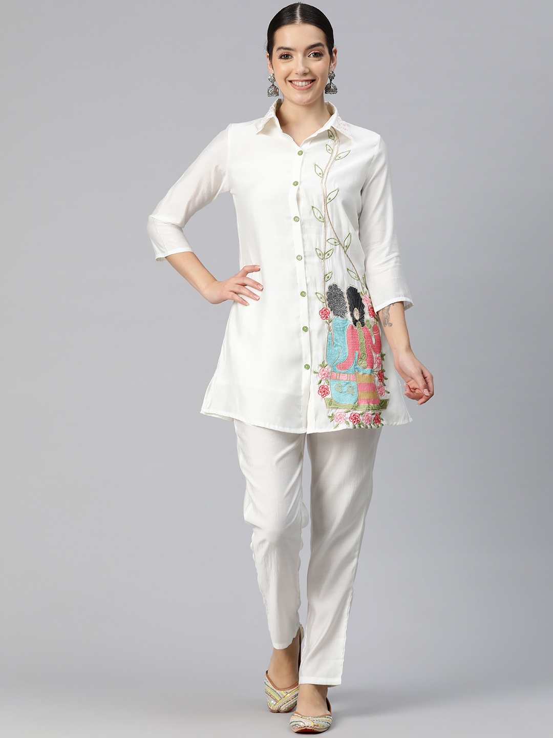 

Readiprint Fashions Women Embroidered Pure Silk Tunic with Trousers, White