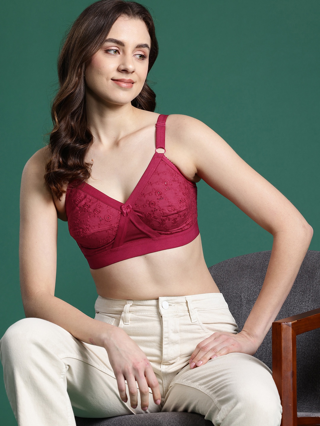 

DressBerry Floral Self Design Full Coverage Non Padded Bra, Maroon