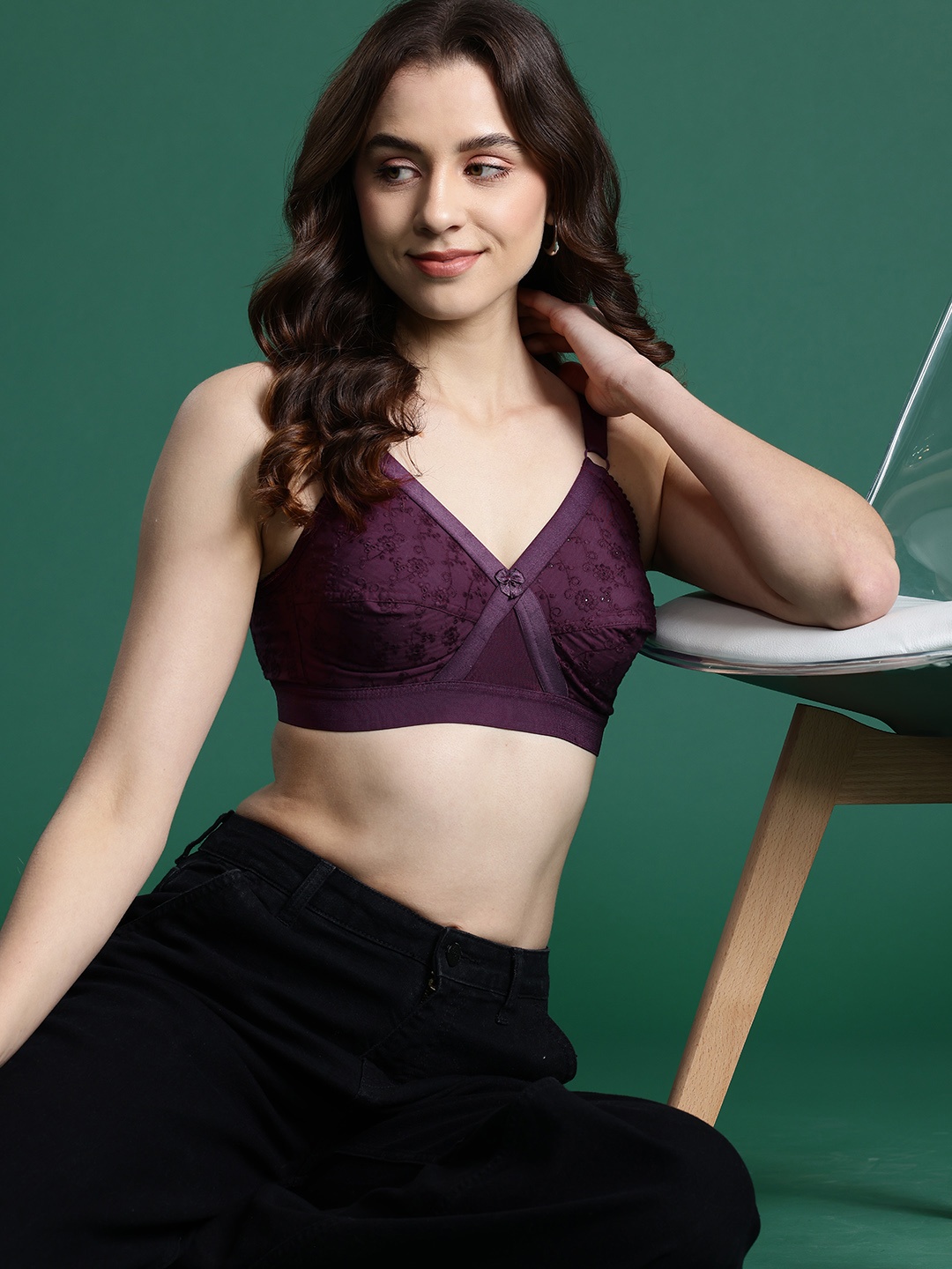 

DressBerry Self Design Full Coverage Non Padded Bra, Burgundy