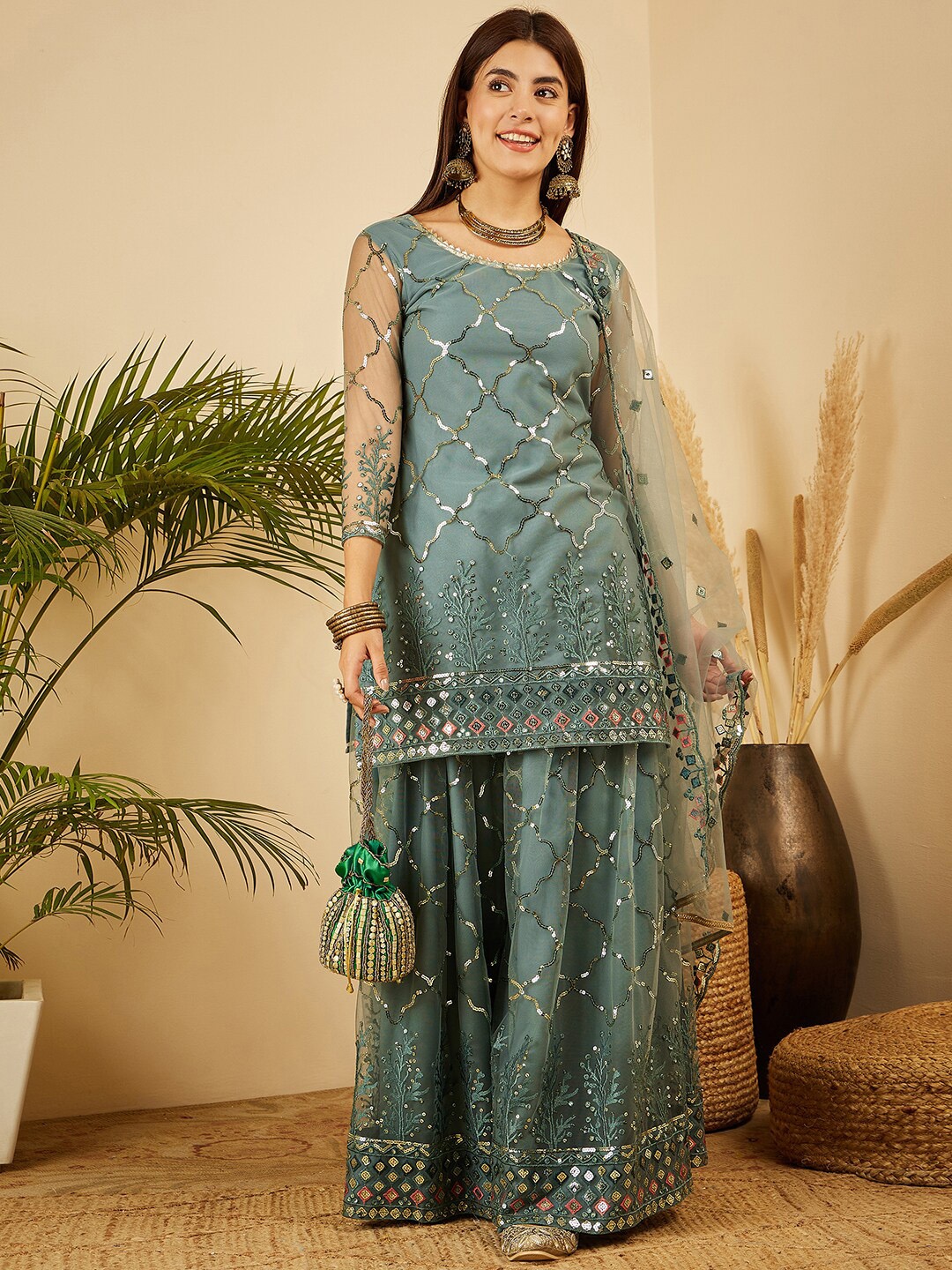 

BLACK SCISSOR Floral Embroidered Sequinned Net Kurta With Palazzos & Dupatta, Grey