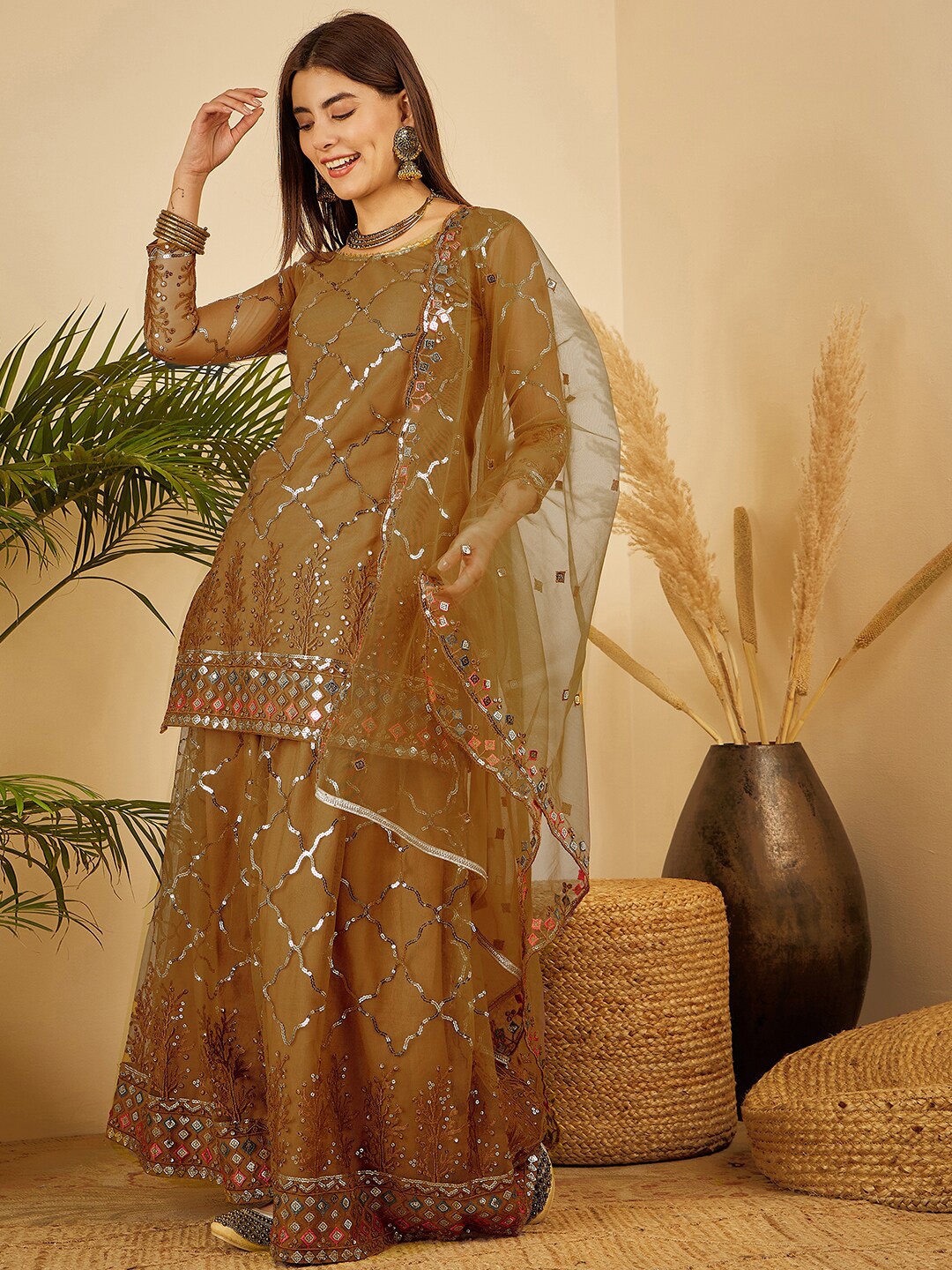 

BLACK SCISSOR Floral Embroidered Sequinned Net Kurta With Palazzos & Dupatta, Brown