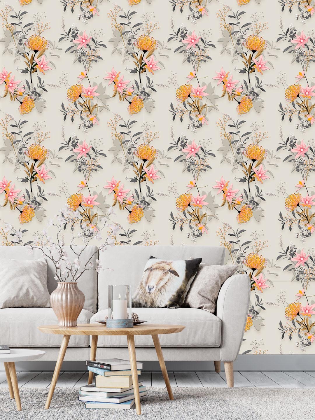 

DWELLSINDIA Beige & Orange Floral Printed Waterproof Wall Sticker