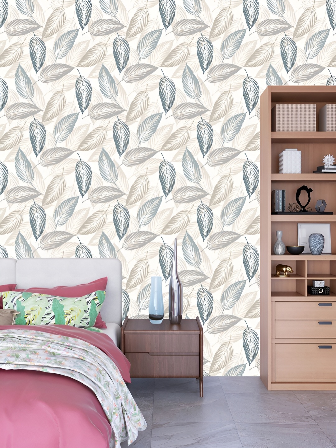 

DWELLSINDIA Beige & Blue Leaves Printed Waterproof Wall Sticker