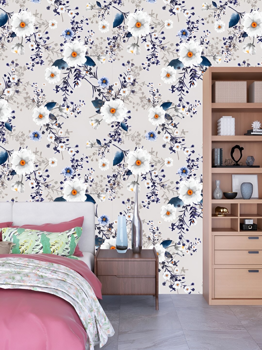 

DWELLSINDIA White & Blue Floral Printed Waterproof Wall Sticker