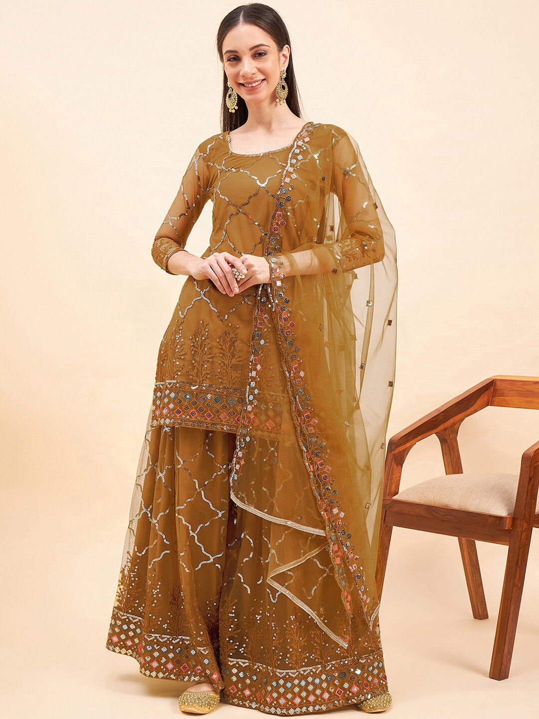 

KALINI Ethnic Motif Embroidered Sequinned Detail Net Straight Kurta & Palazzo With Dupatta, Brown