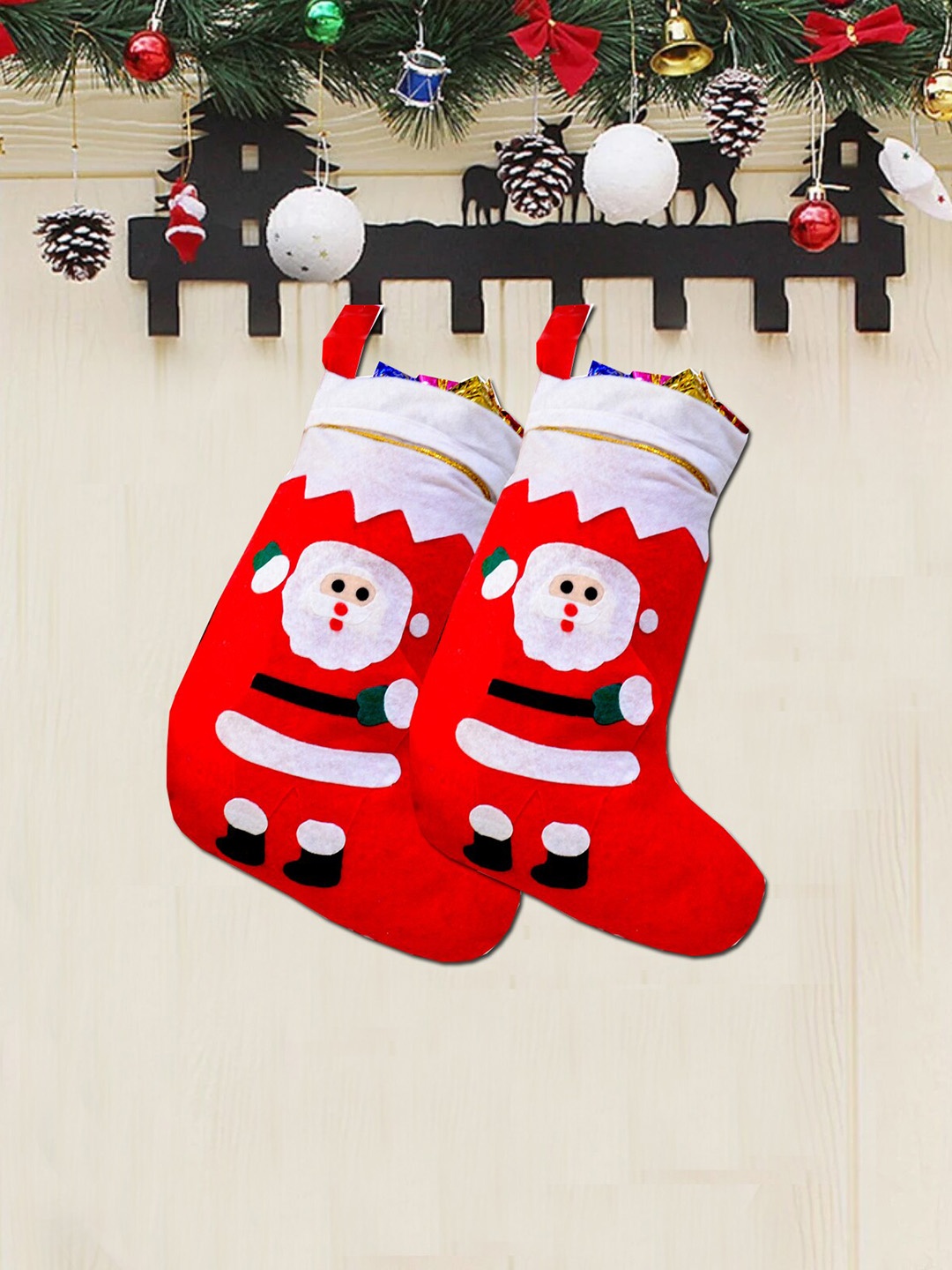 

ME & YOU Red & White 2 Pieces Printed Decorative Christmas Hanging Stockings