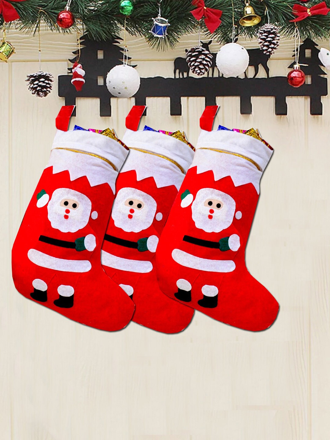 ME & YOU Red & White 3 Pieces Printed Decorative Christmas Hanging Stockings
