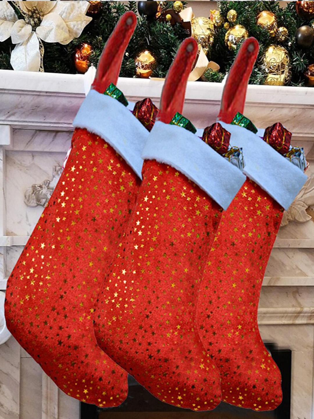

ME & YOU Red & White 3 Pieces Printed Christmas Decorative Hanging Stockings