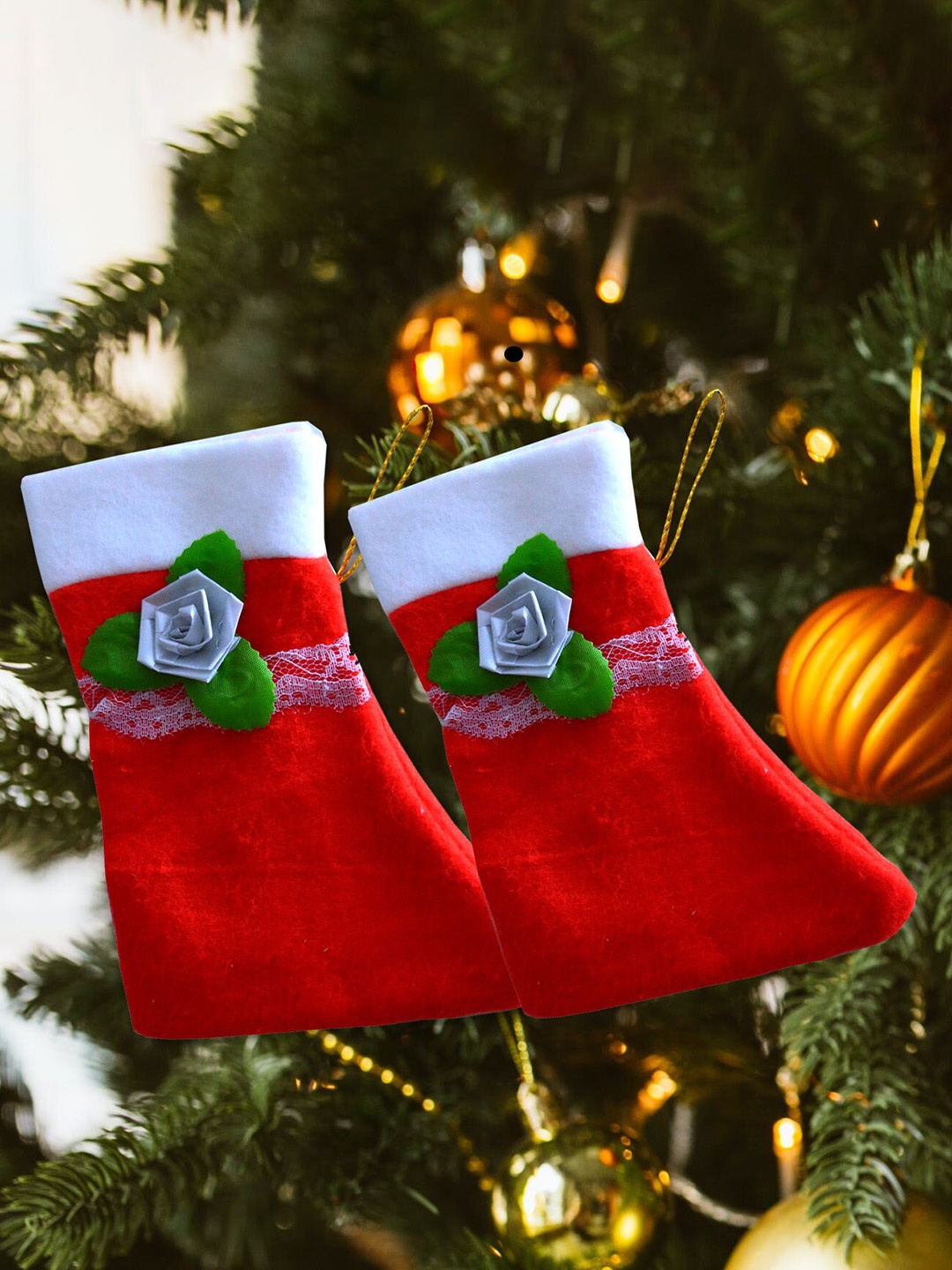 

ME & YOU Red & White 2 Pieces Embellished Decorative Christmas Hanging Stockings