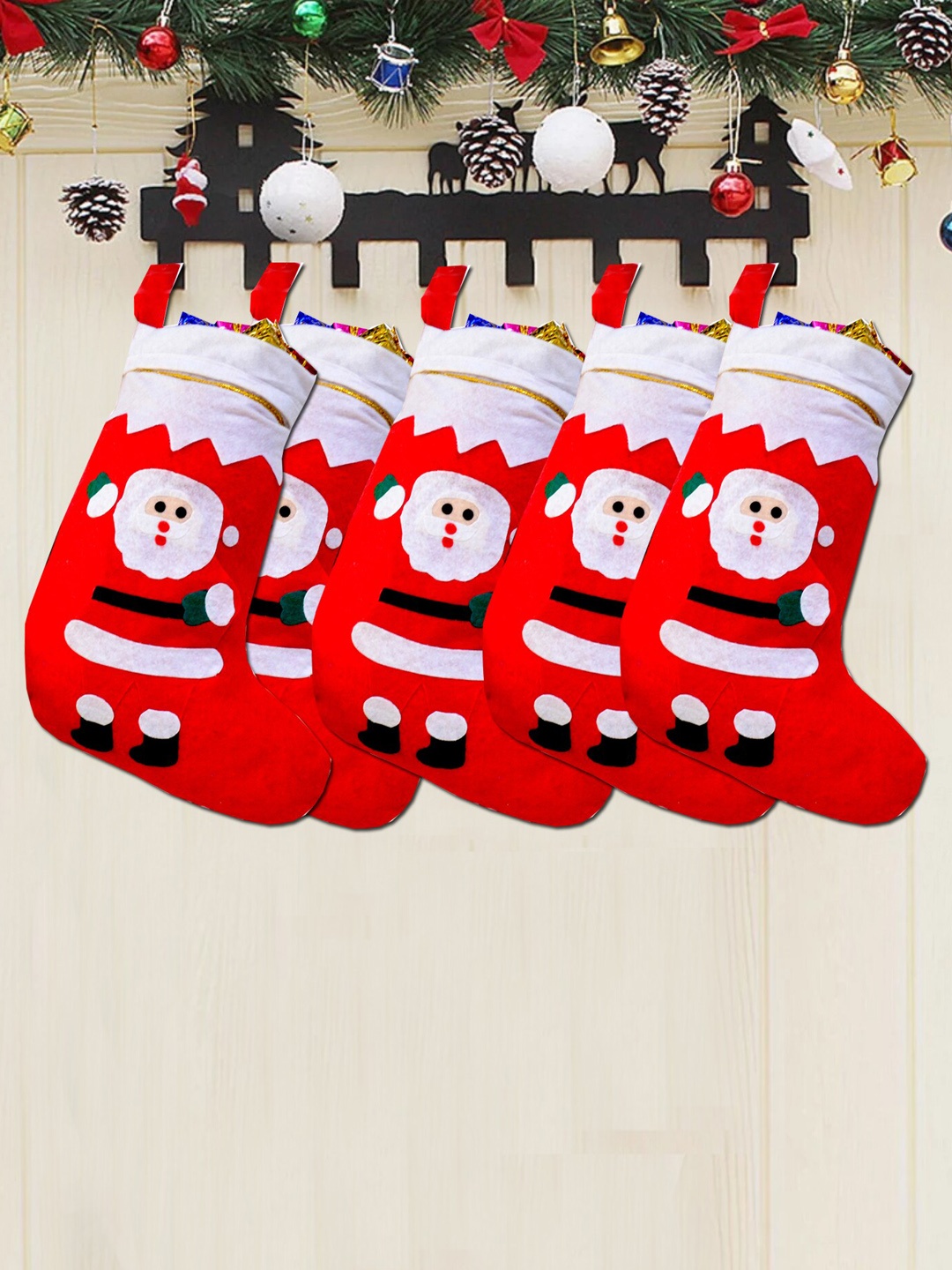 

ME & YOU Red & White 5 Pieces Printed Cotton Decorative Christmas Hanging Stockings