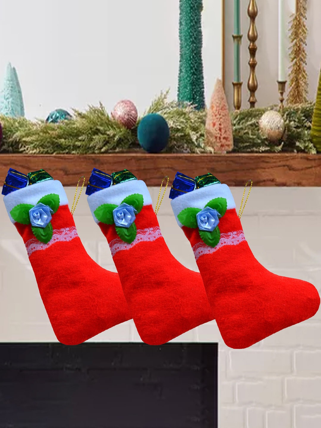 

ME & YOU Red & White 3 Pieces Embellished Christmas Decorative Hanging Stockings