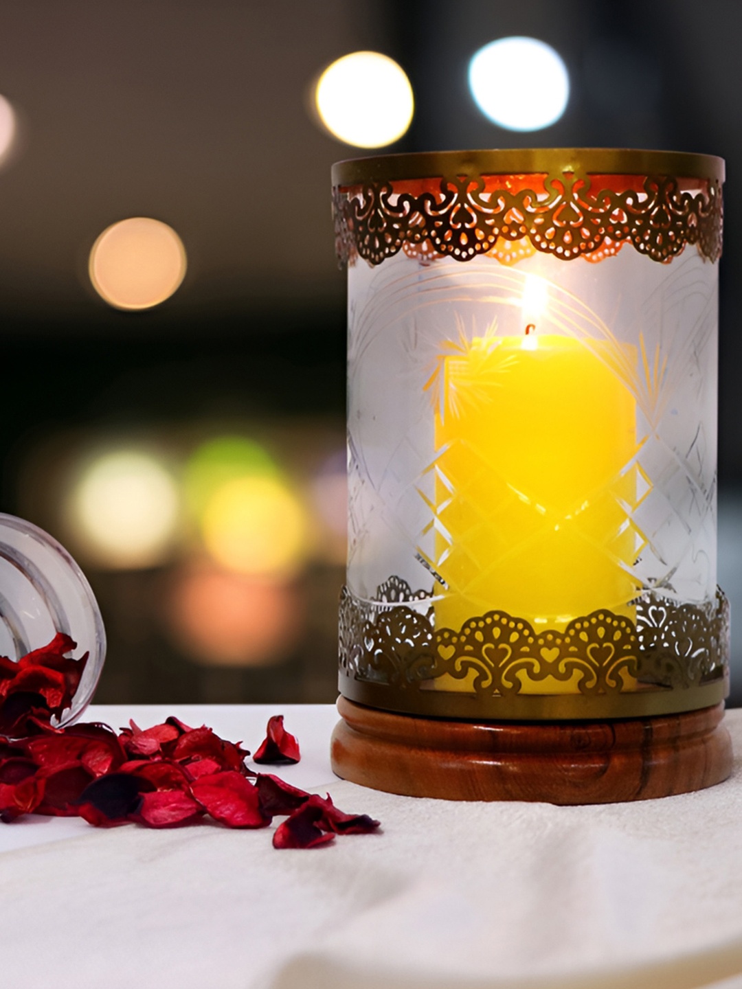 

House of Sajja Brown &Transparent Etching Design Candle Holder