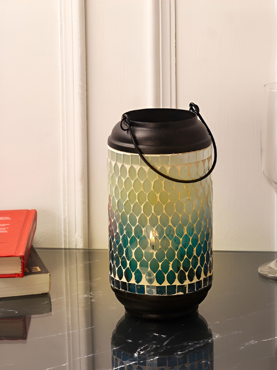 

House of Sajja Blue& White Textured Mosaic Design Candle Holder