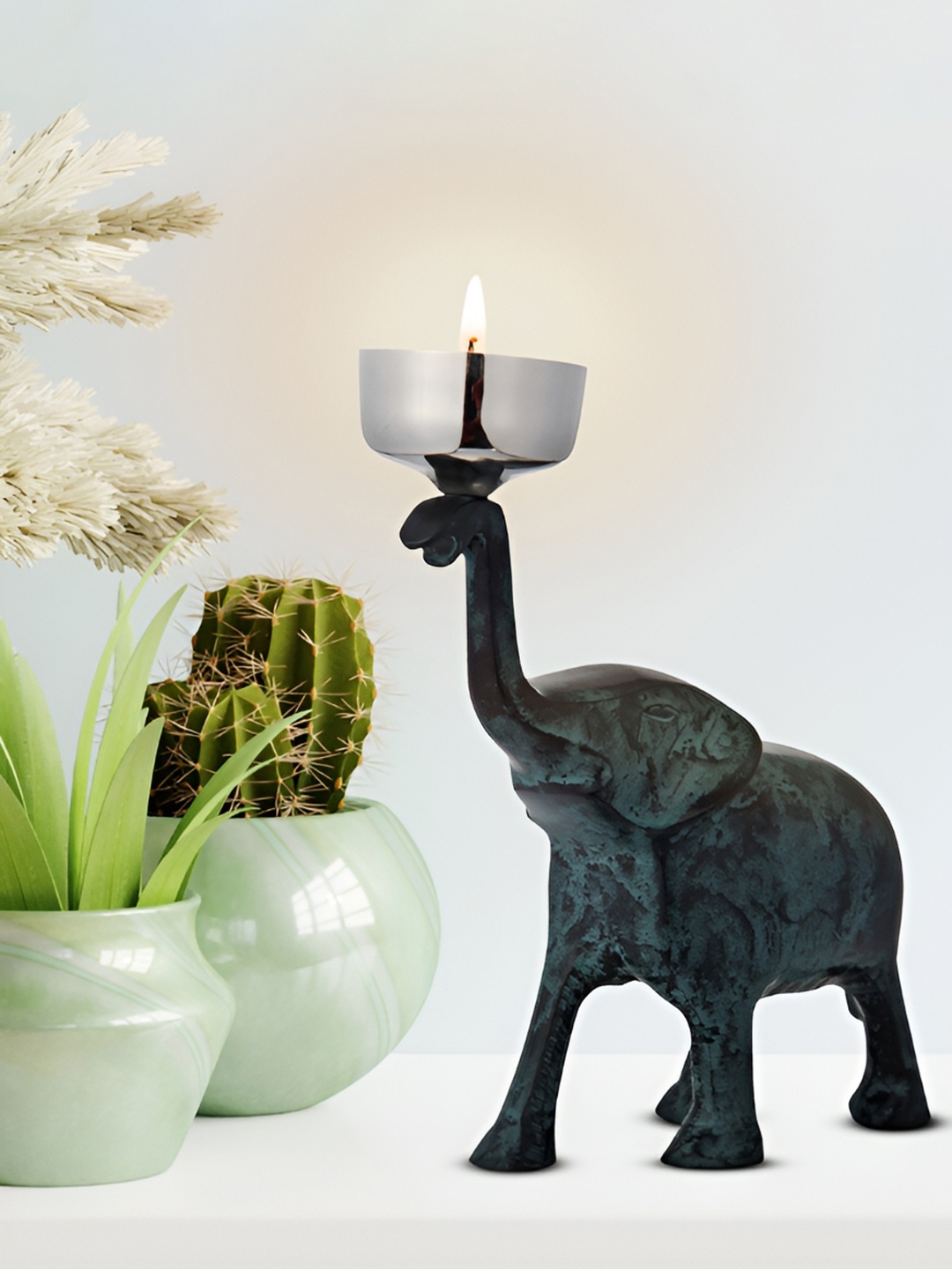 

House of Sajja Green& Black Elephant Shaped Candle Holder