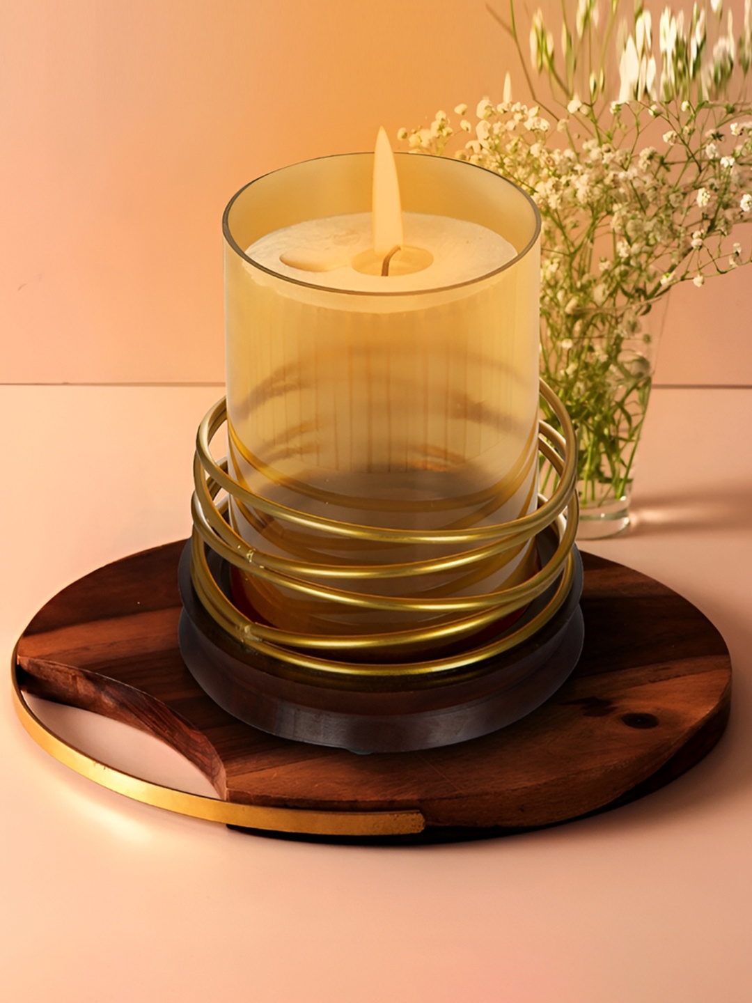 

House of Sajja Brown& Transparent wooden& Wire With Glass Cover Candle Holder