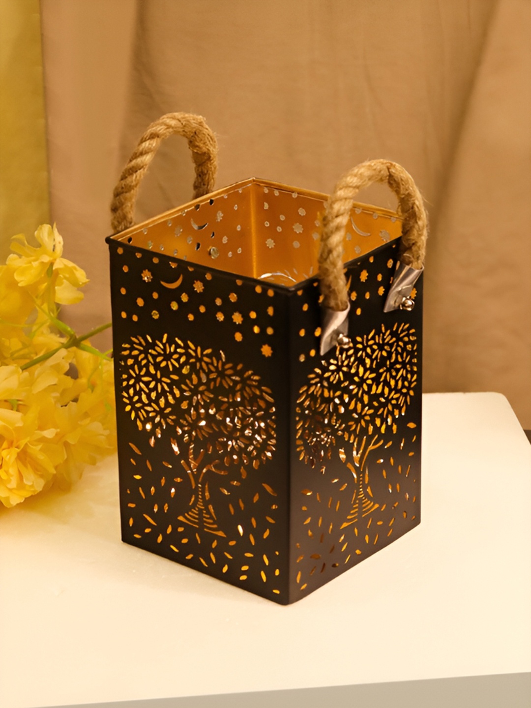 

House of Sajja Black& Yellow Textured Tree Design Candle Holder