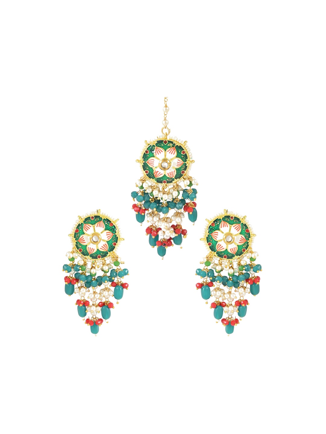 

I Jewels Gold-Plated Kundan-Studded & Pearl-Beaded Chandbalis Earring With Maang Tikka