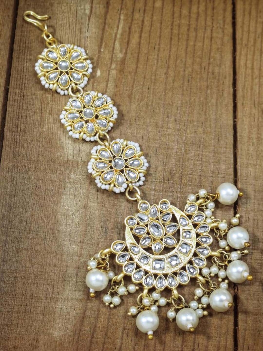 

I Jewels Gold-Plated Kundan-Studded & Pearls Beaded Maang Tikka