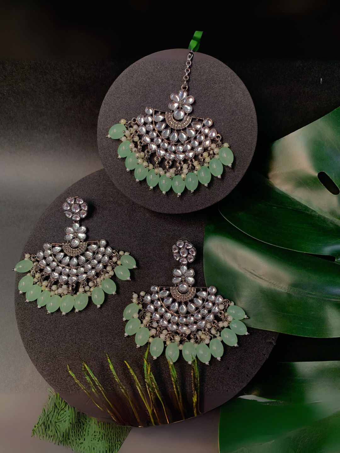 

I Jewels Sliver-Plated Kundan-Studded & Pearl Oxidised Chandbali Earrings & Maang Tikka, Silver