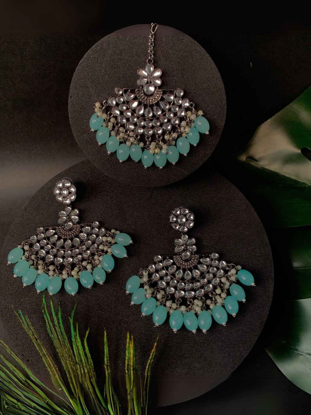 

I Jewels Sliver-Plated Kundan-Studded & Pearl Oxidised Maang Tikka & Chandbalis Earrings, Silver
