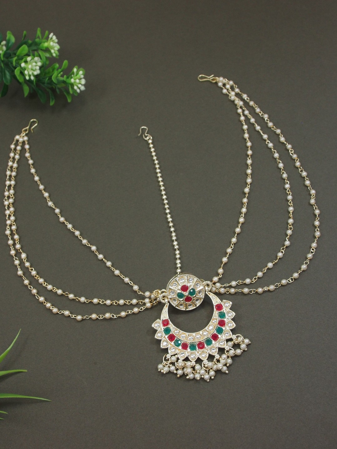 

I Jewels Gold Plated Kundan Studded & Beaded Layered Matha Patti