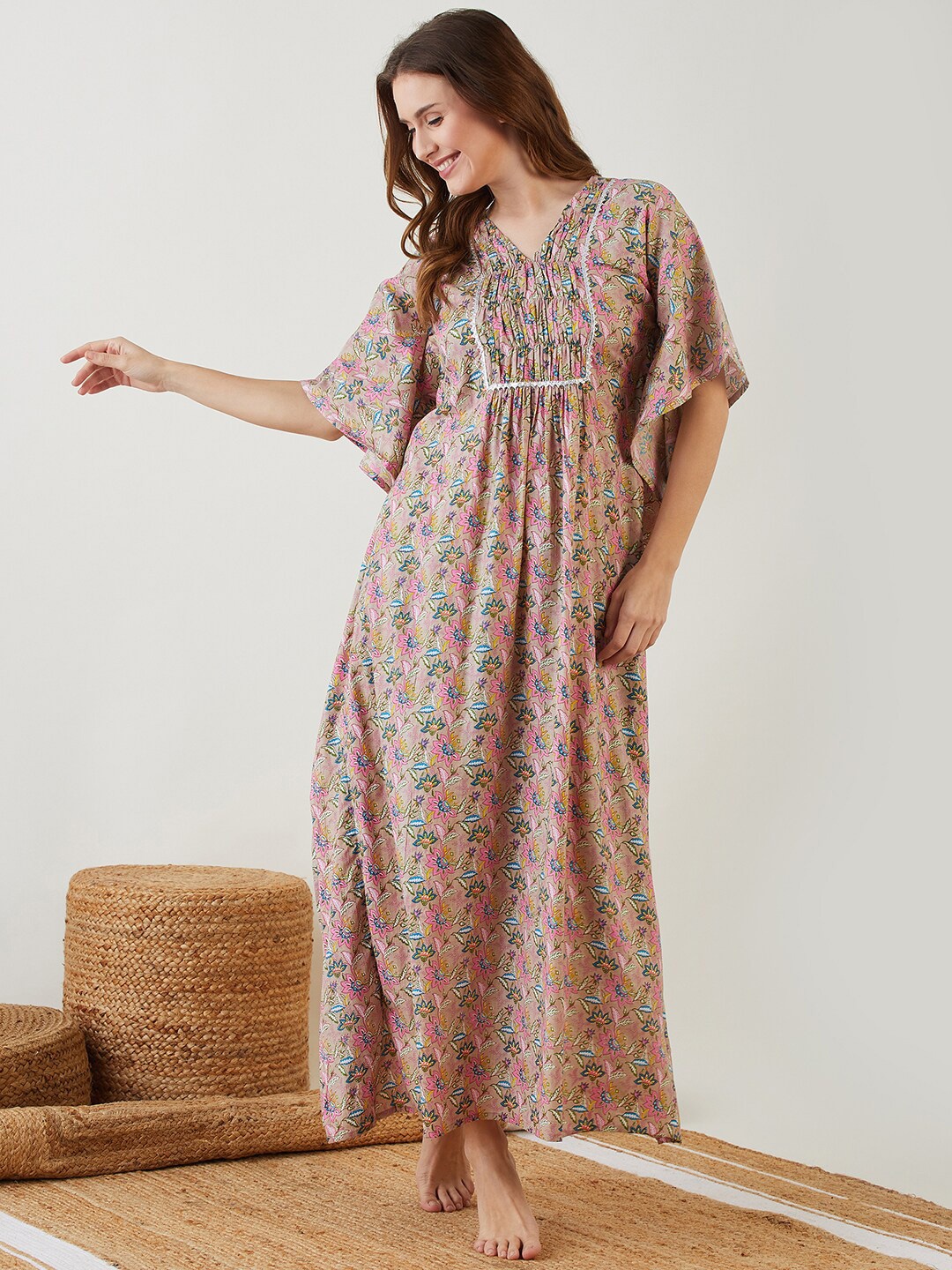 

The Kaftan Company Floral Printed Kaftan Maxi Nightdress, Grey