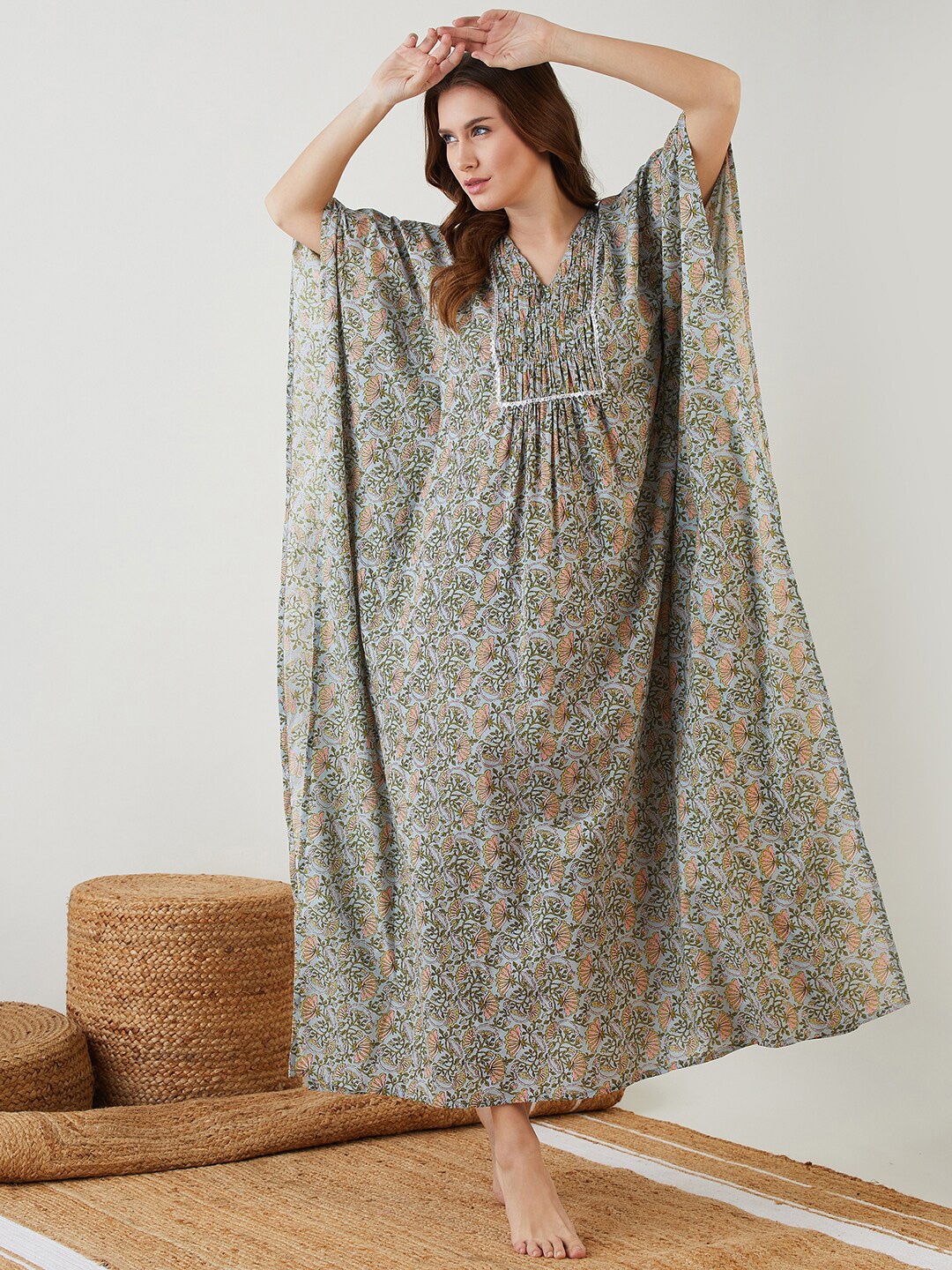 

The Kaftan Company Floral Printed Kaftan Maxi Nightdress, Black
