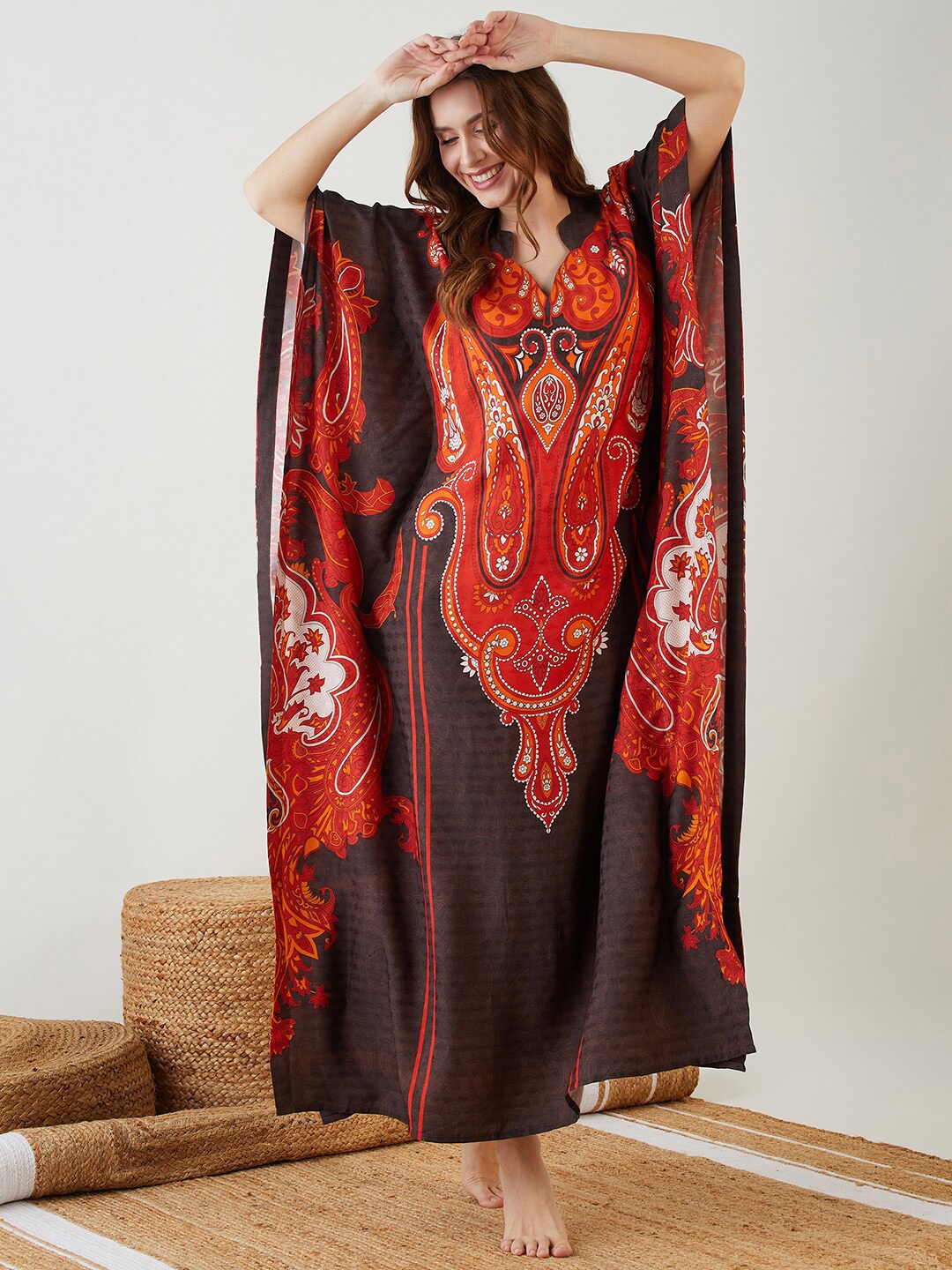 

The Kaftan Company Ethnic Motifs Printed Kaftan Maxi Nightdress, Black