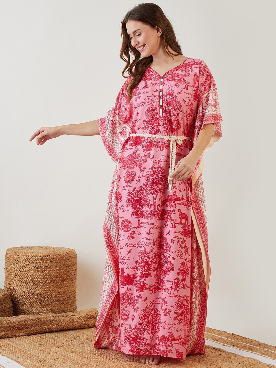 

The Kaftan Company Pink Floral Printed V-Neck Maxi Kaftan Nightdress With Belt