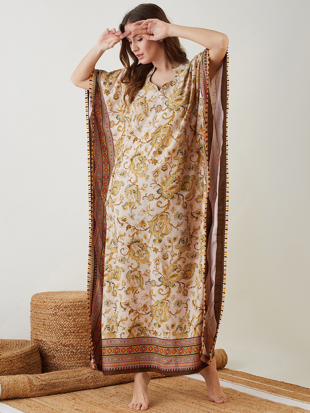 

The Kaftan Company Printed Kaftan Maxi Nightdress, Beige