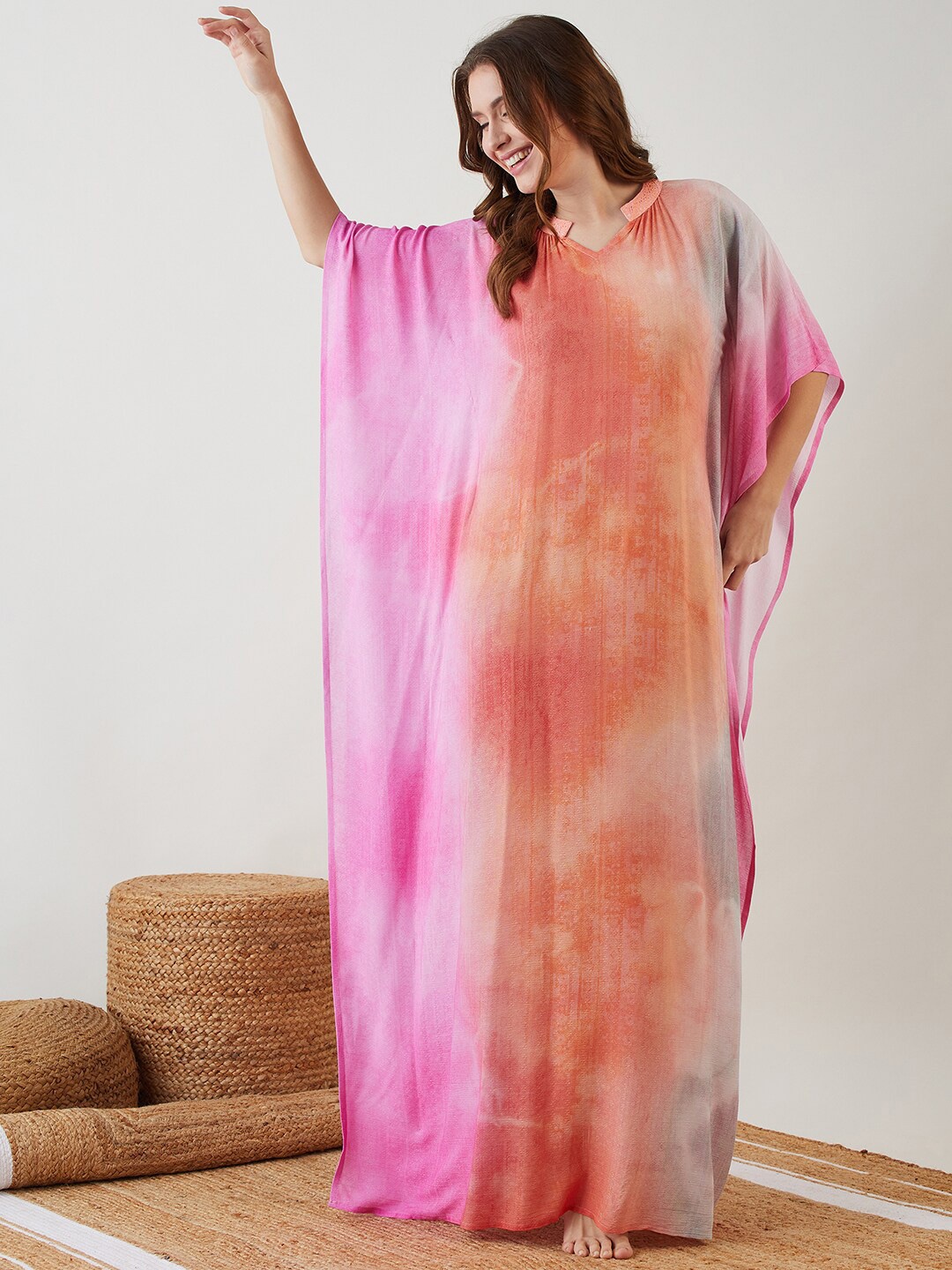 

The Kaftan Company Peach-Coloured Abstract Printed Modal Maxi Kaftan Nightdress