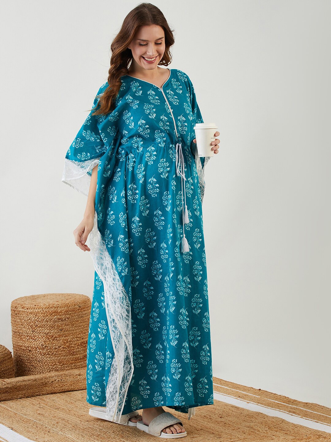 

The Kaftan Company Ethnic Motifs Printed Kaftan Maternity Maxi Nightdress, Green
