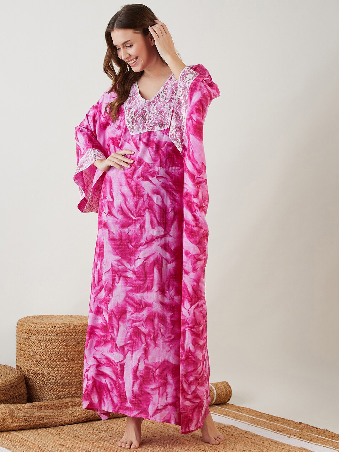 

The Kaftan Company Tie & Dye Printed Kaftan Maxi Nightdress, Pink