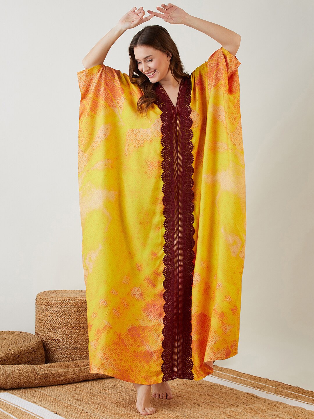

The Kaftan Company Floral Printed Maxi Kaftan Nightdress, Yellow
