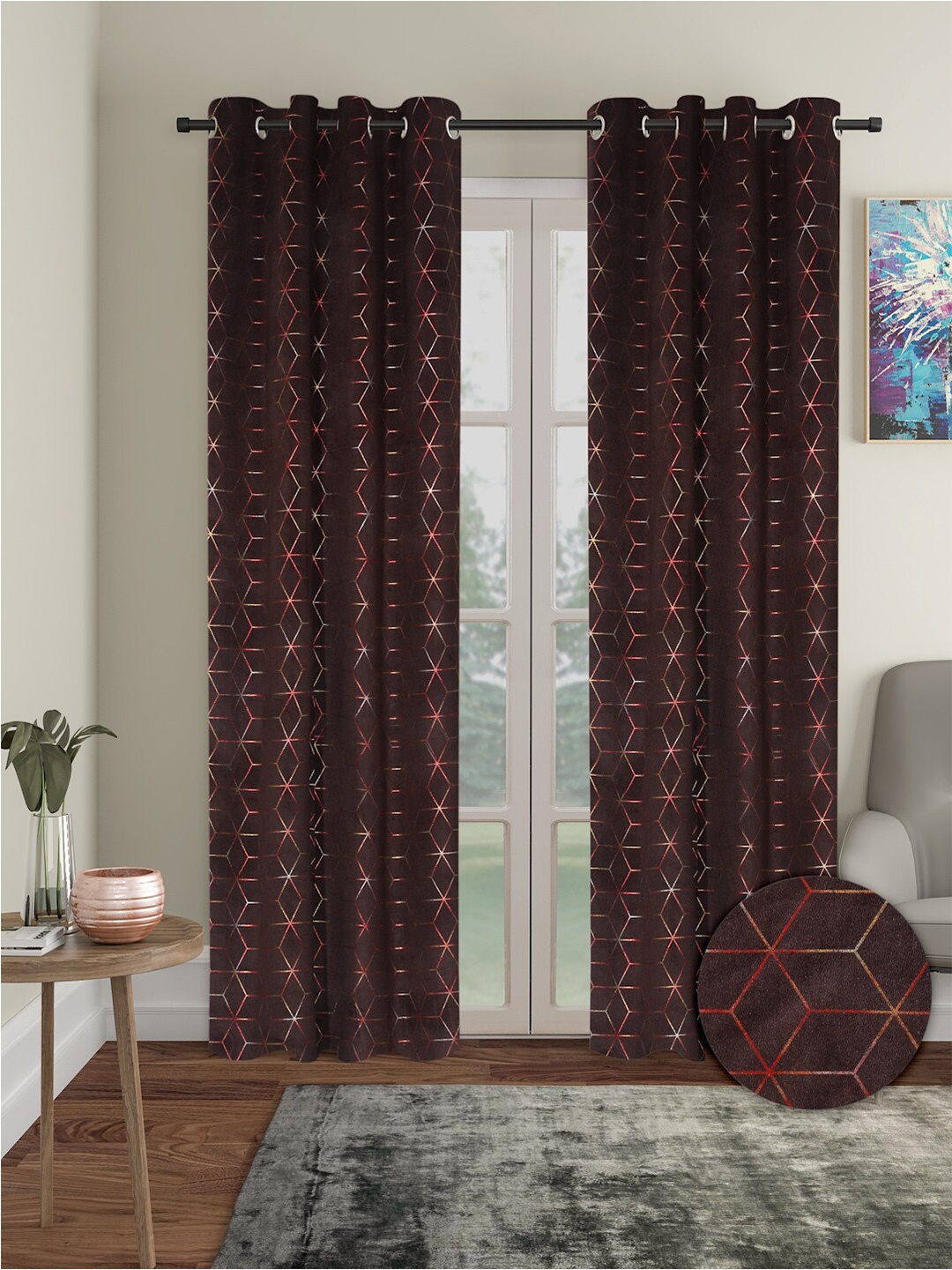 

Aura 2 Pieces Velvet Geometric out Long Door Curtains, Brown