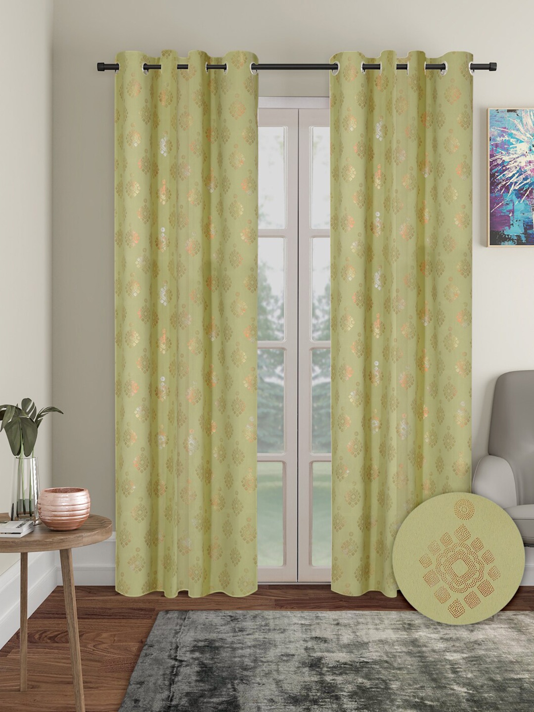 

Aura Green 2Pcs Polyester Ethnic Motif Blackout Long Door Curtain
