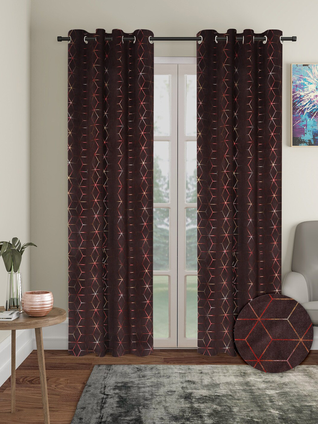 

Aura 2 Pieces Velvet Geometric out Door Curtains, Brown