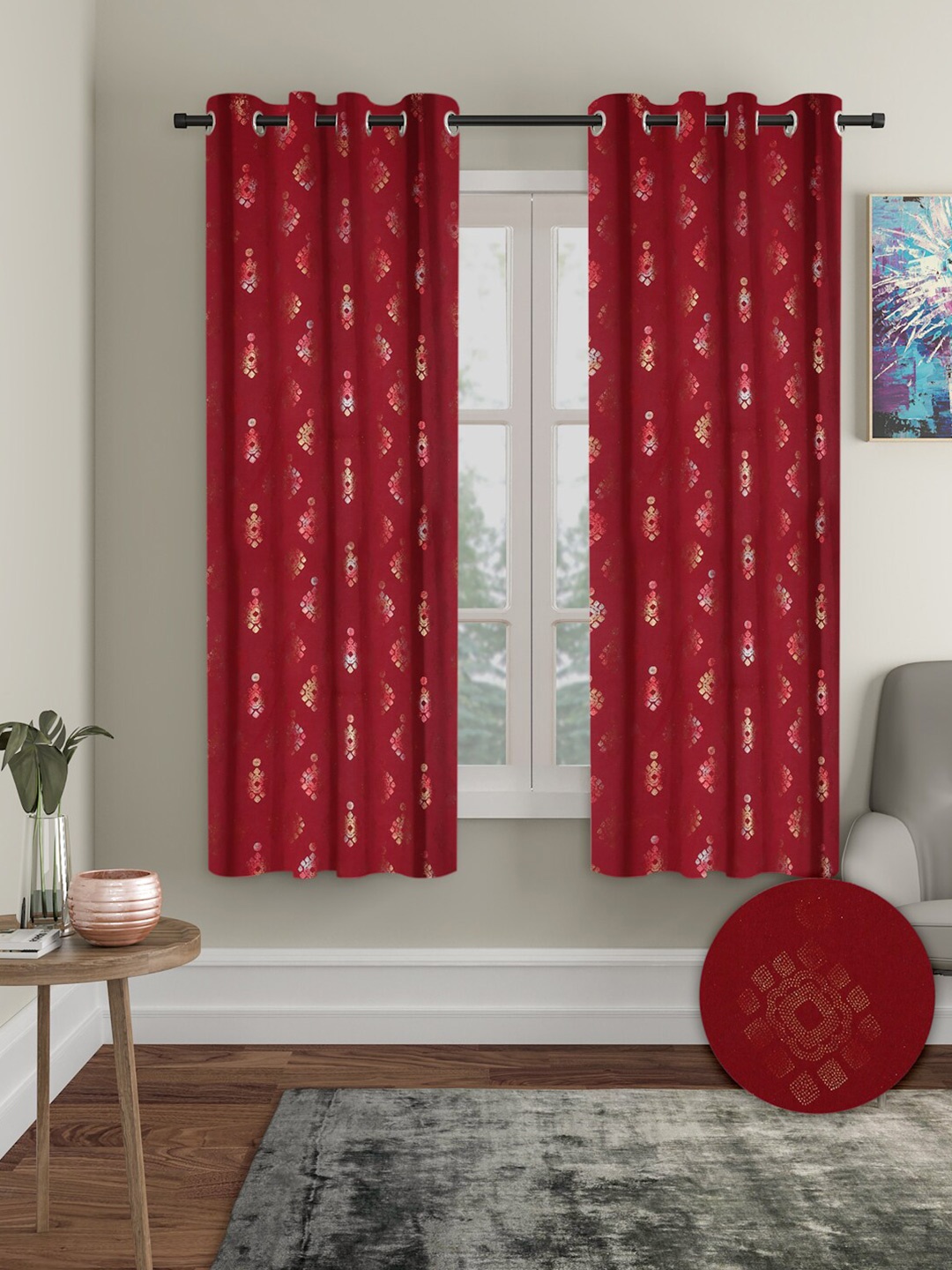 

Aura Maroon 2 Pieces Ethnic Motifs Blackout Window Curtains