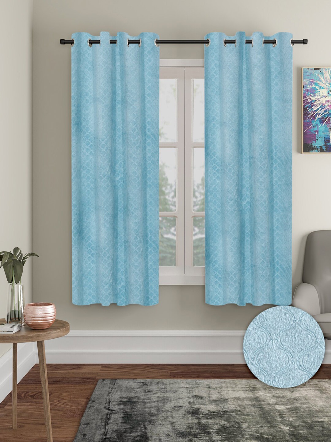 

Aura Blue 2 Pieces Velvet Self Design Blackout Window Curtains